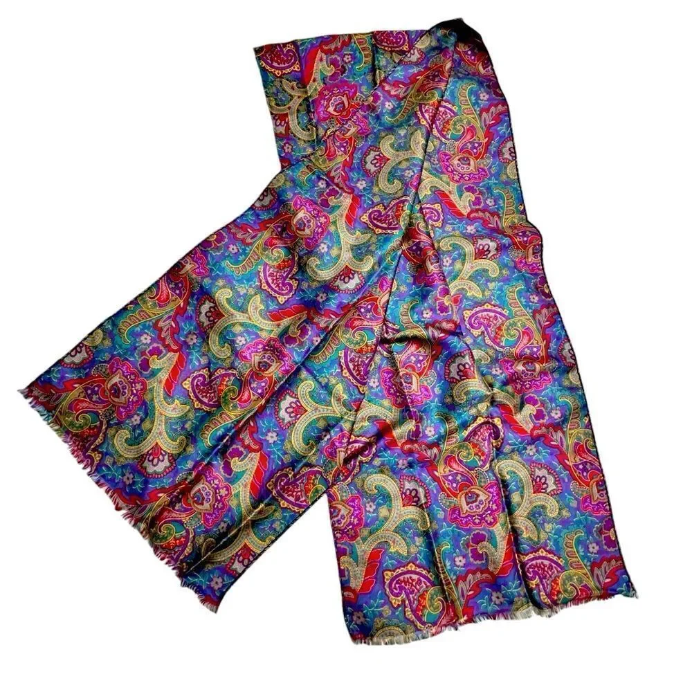 Vintage Greens and Pinks Paisley Silk long trimmed scarf